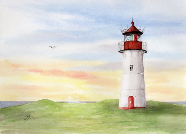 Postkarte DINPostkarte DIN-A5 Aquarell Kunst Maritim Druck Kunstdruck Leuchtturm Sylt Nordsee Meer Möwe Strand DünenA5 Aquarell Kunst Maritim Druck Kunstdruck Strandkorb Sylt Nordsee Meer Möwe Strand Dünen